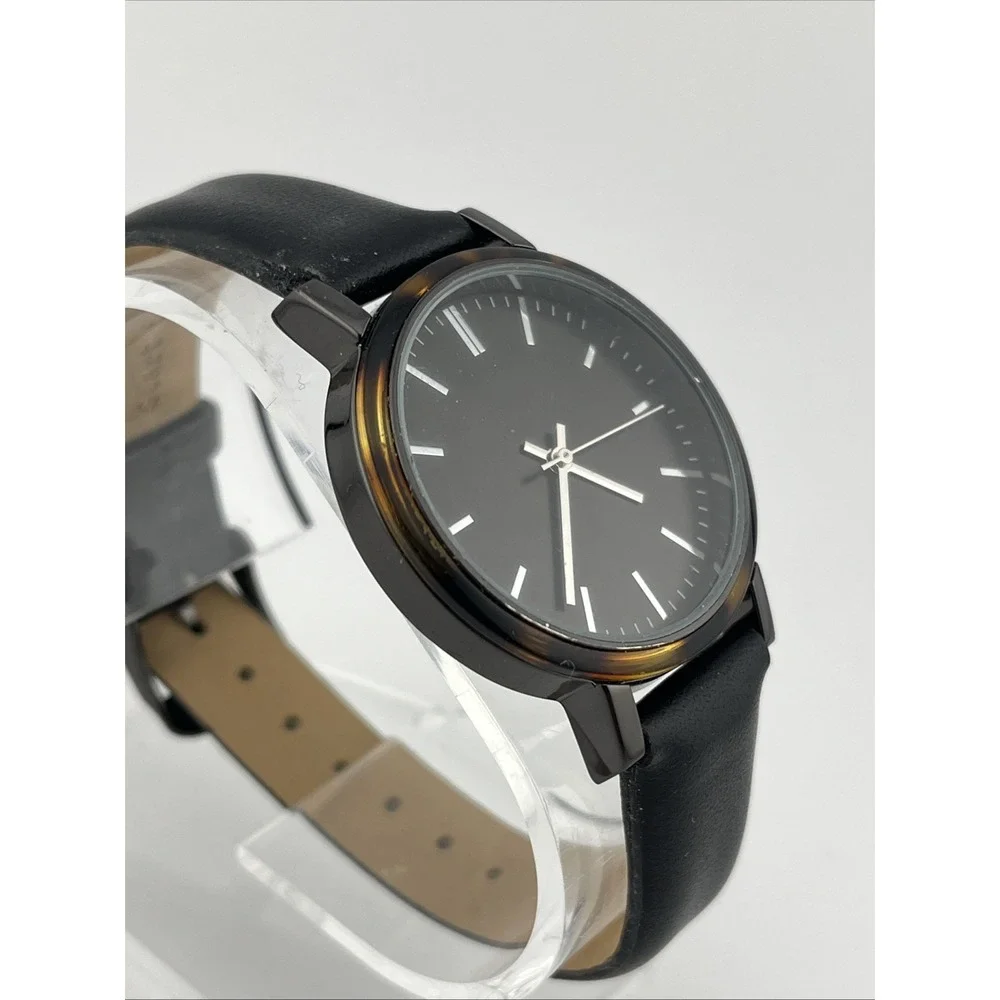 A Day New Watch Women 35mm Case Tortoise Shell Bezel Black Band-‎ New Battery